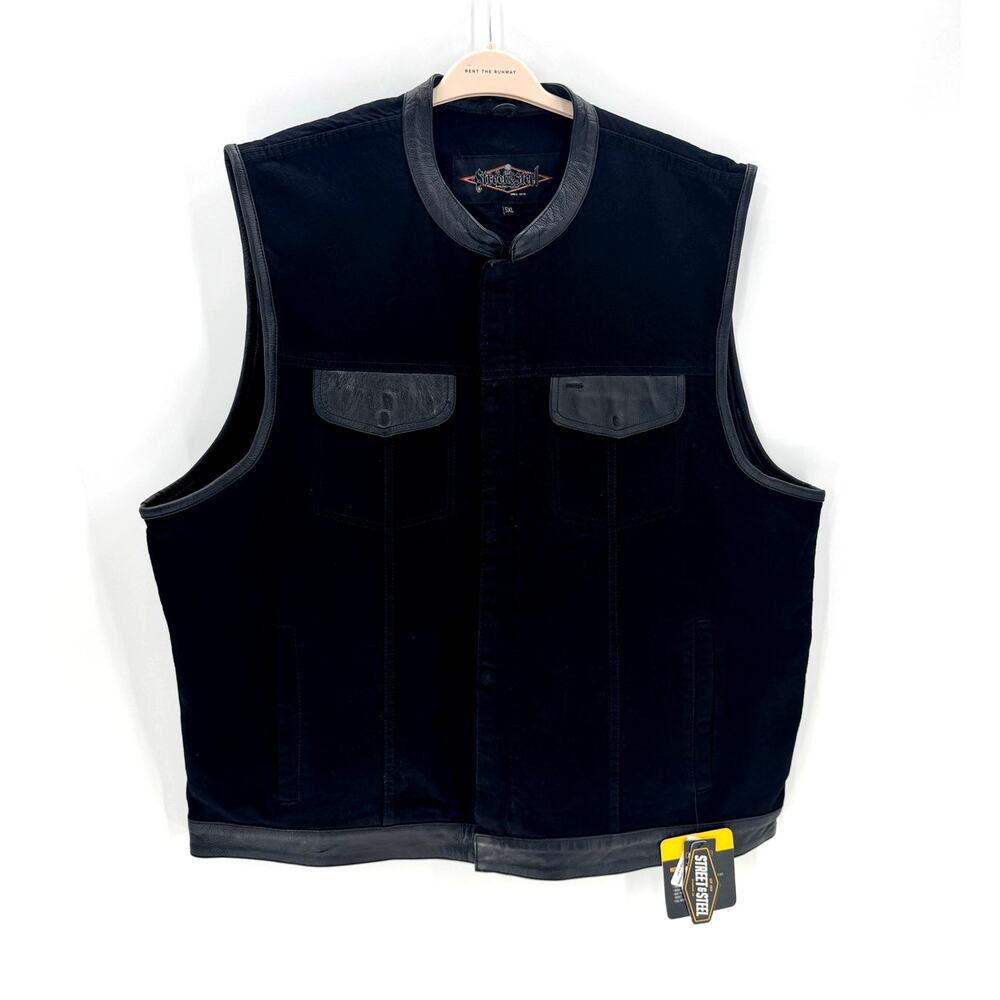 Street & Steel heavy-duty BLACK denim leather motorcycle vest size 5XL pockets